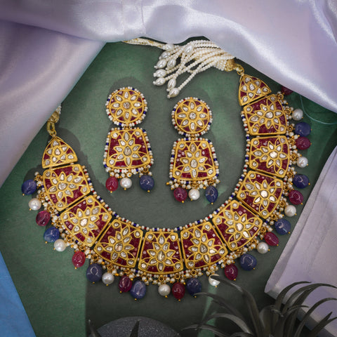 Gold Floral Syndicate Polki Diamond & Red Talap Stone Necklace Set