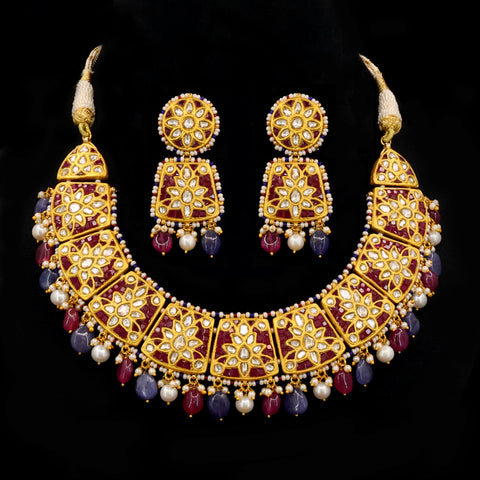 Gold Floral Syndicate Polki Diamond & Red Talap Stone Necklace Set