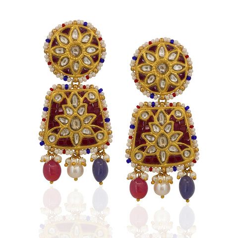 Gold Floral Syndicate Polki Diamond & Red Talap Stone Necklace Set