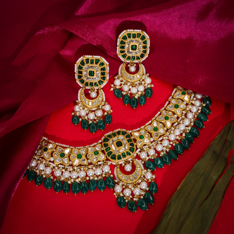 Emerald & Natural Syndicate Polki Diamond Gold-Plated Necklace Set