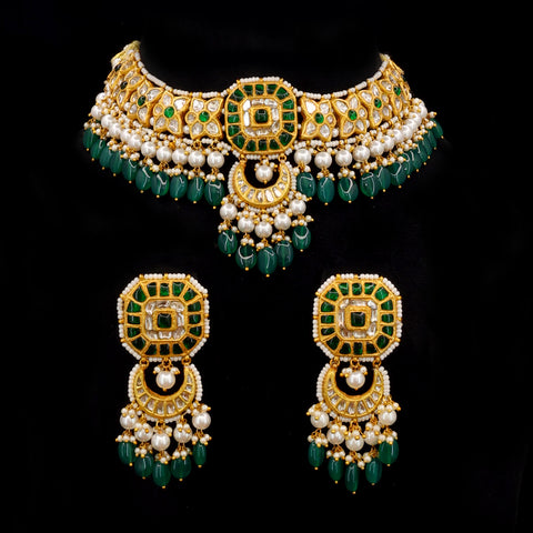 Emerald & Natural Syndicate Polki Diamond Gold-Plated Necklace Set