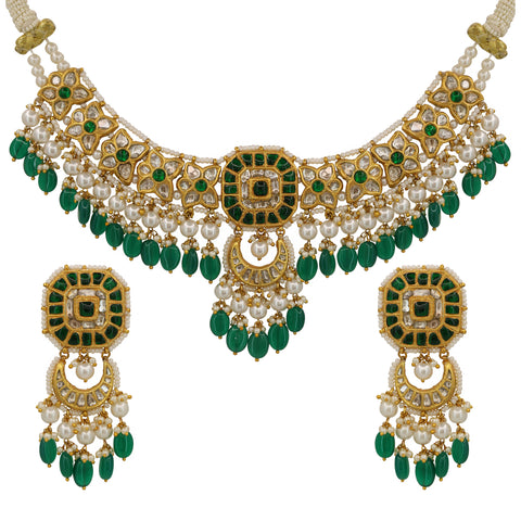 Emerald & Natural Syndicate Polki Diamond Gold-Plated Necklace Set