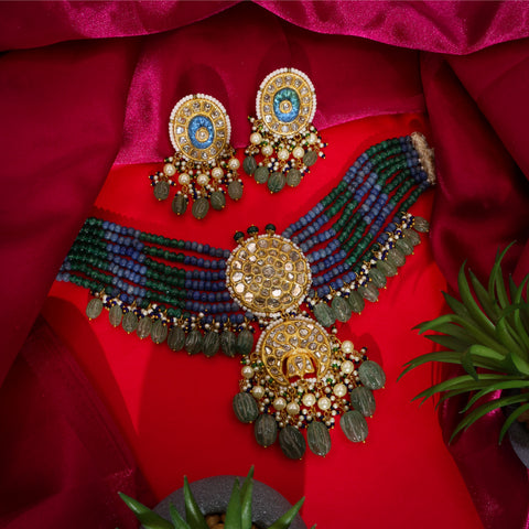 Syndicate Polki Diamond Gold Choker Set with Tanzanite & Emerald Beads