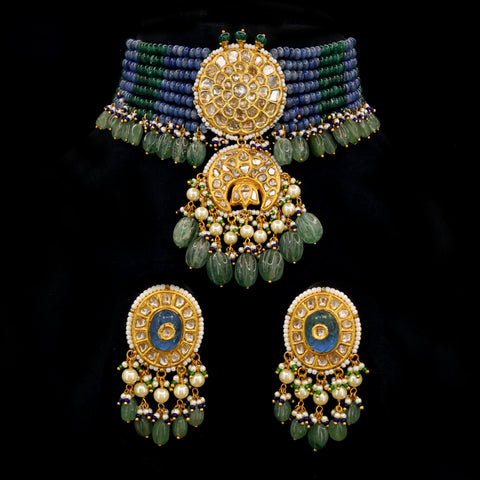 Syndicate Polki Diamond Gold Choker Set with Tanzanite & Emerald Beads