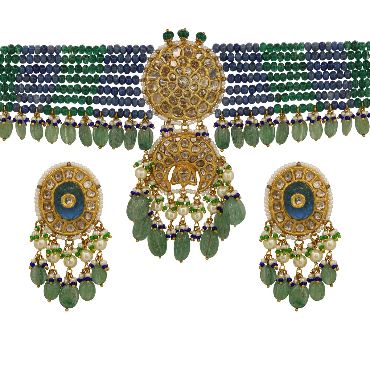 Syndicate Polki Diamond Gold Choker Set with Tanzanite & Emerald Beads