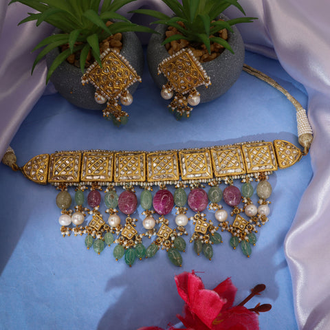 Traditional Syndicate Polki Diamond Choker Necklace and Earrings Set