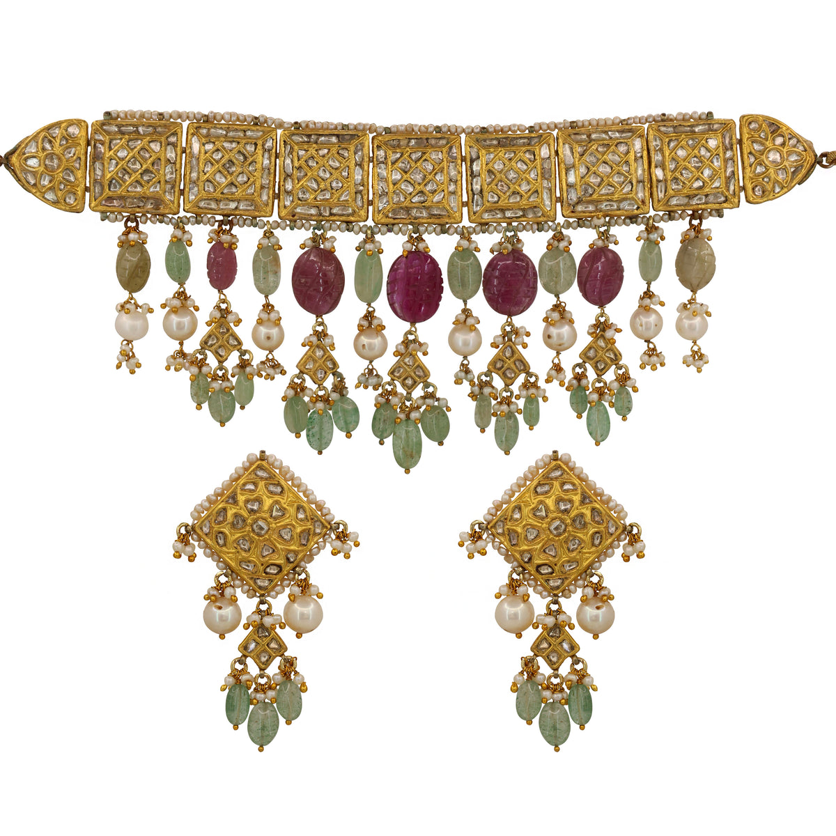 Traditional Syndicate Polki Diamond Choker Necklace and Earrings Set