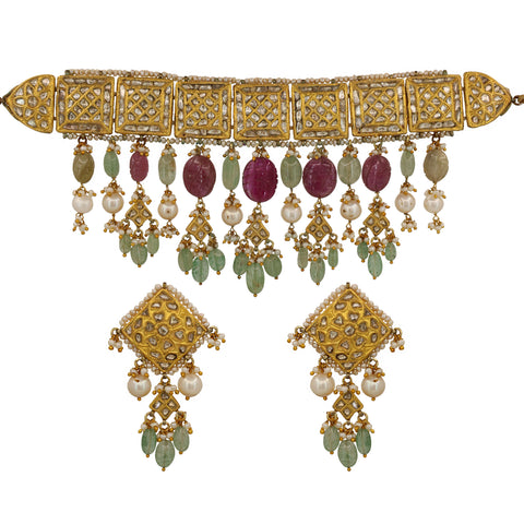 Traditional Syndicate Polki Diamond Choker Necklace and Earrings Set
