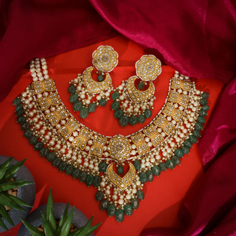 Gold Polki & Emerald Glass-Filled Pearl Necklace Set