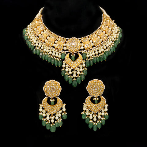 Gold Polki & Emerald Glass-Filled Pearl Necklace Set