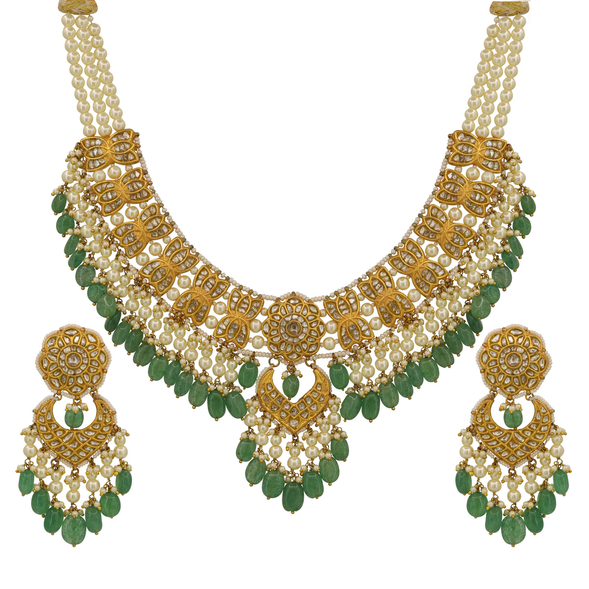 Gold Polki & Emerald Glass-Filled Pearl Necklace Set