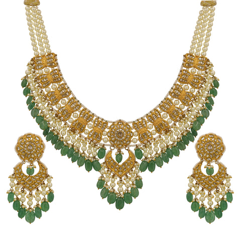 Gold Polki & Emerald Glass-Filled Pearl Necklace Set