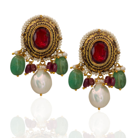 Royal Navratna Jadau Necklace Set with Coin Pearls