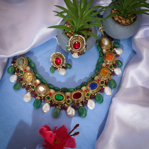Royal Navratna Jadau Necklace Set with Coin Pearls