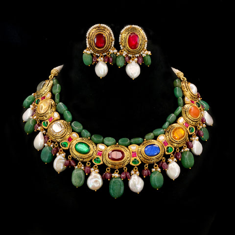 Royal Navratna Jadau Necklace Set with Coin Pearls