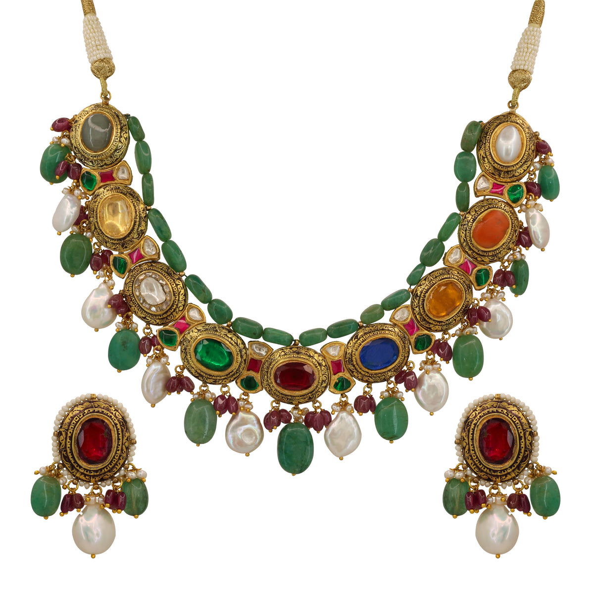 Royal Navratna Jadau Necklace Set with Coin Pearls