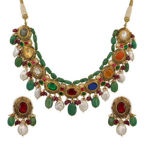 Royal Navratna Jadau Necklace Set with Coin Pearls