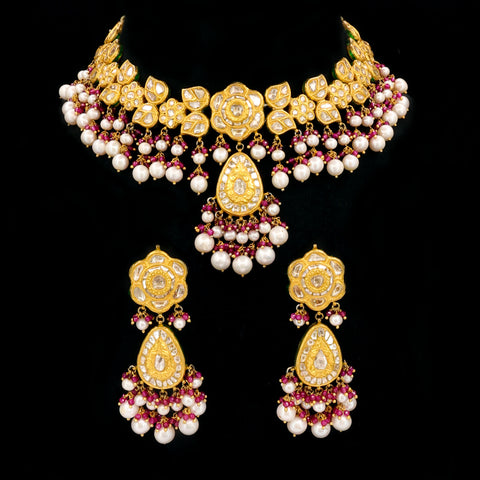 Gold Polki Diamond Floral Necklace Set
