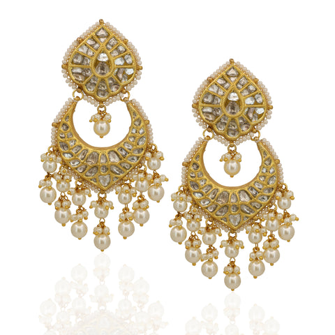 Handcrafted Polki Diamond Necklace with Triple Layer Pearls & Earrings