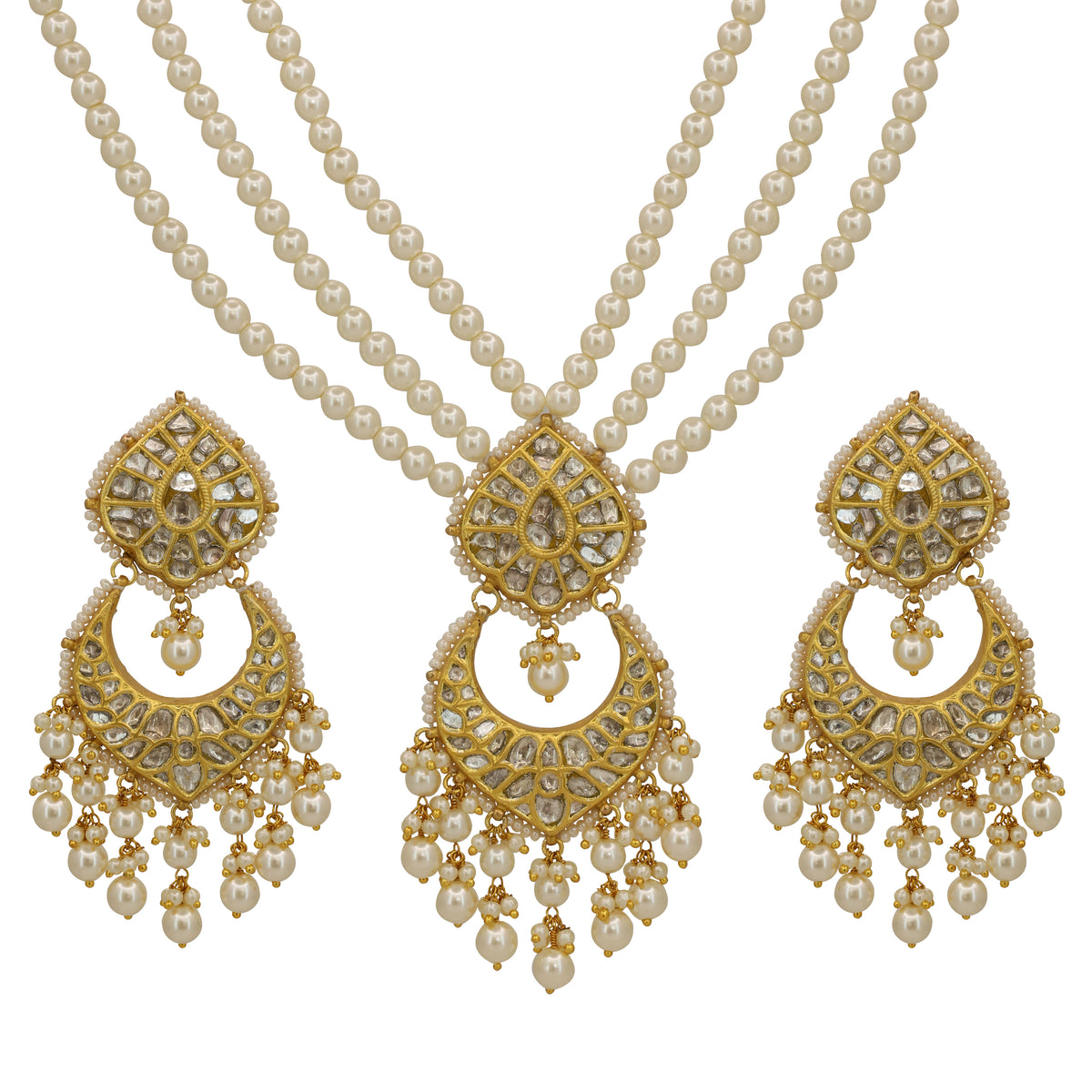 Handcrafted Polki Diamond Necklace with Triple Layer Pearls & Earrings