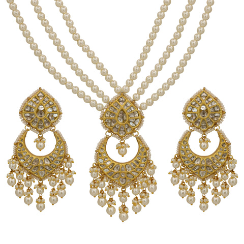 Handcrafted Polki Diamond Necklace with Triple Layer Pearls & Earrings