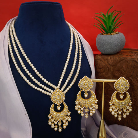 Handcrafted Polki Diamond Necklace with Triple Layer Pearls & Earrings