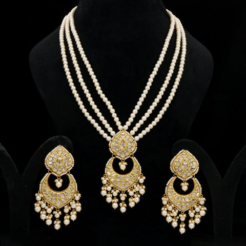Handcrafted Polki Diamond Necklace with Triple Layer Pearls & Earrings