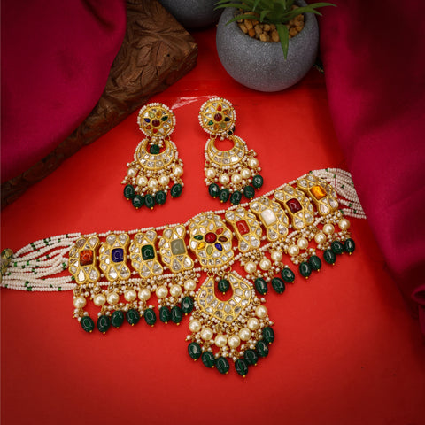Gold Navratna Polki Choker Necklace Set with Chandbali Earrings