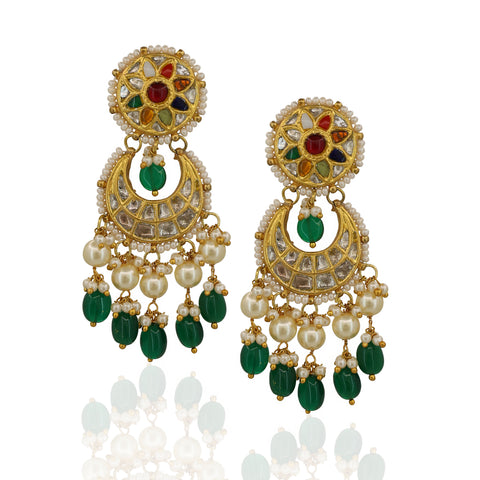 Gold Navratna Polki Choker Necklace Set with Chandbali Earrings