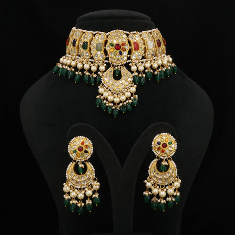 Gold Navratna Polki Choker Necklace Set with Chandbali Earrings