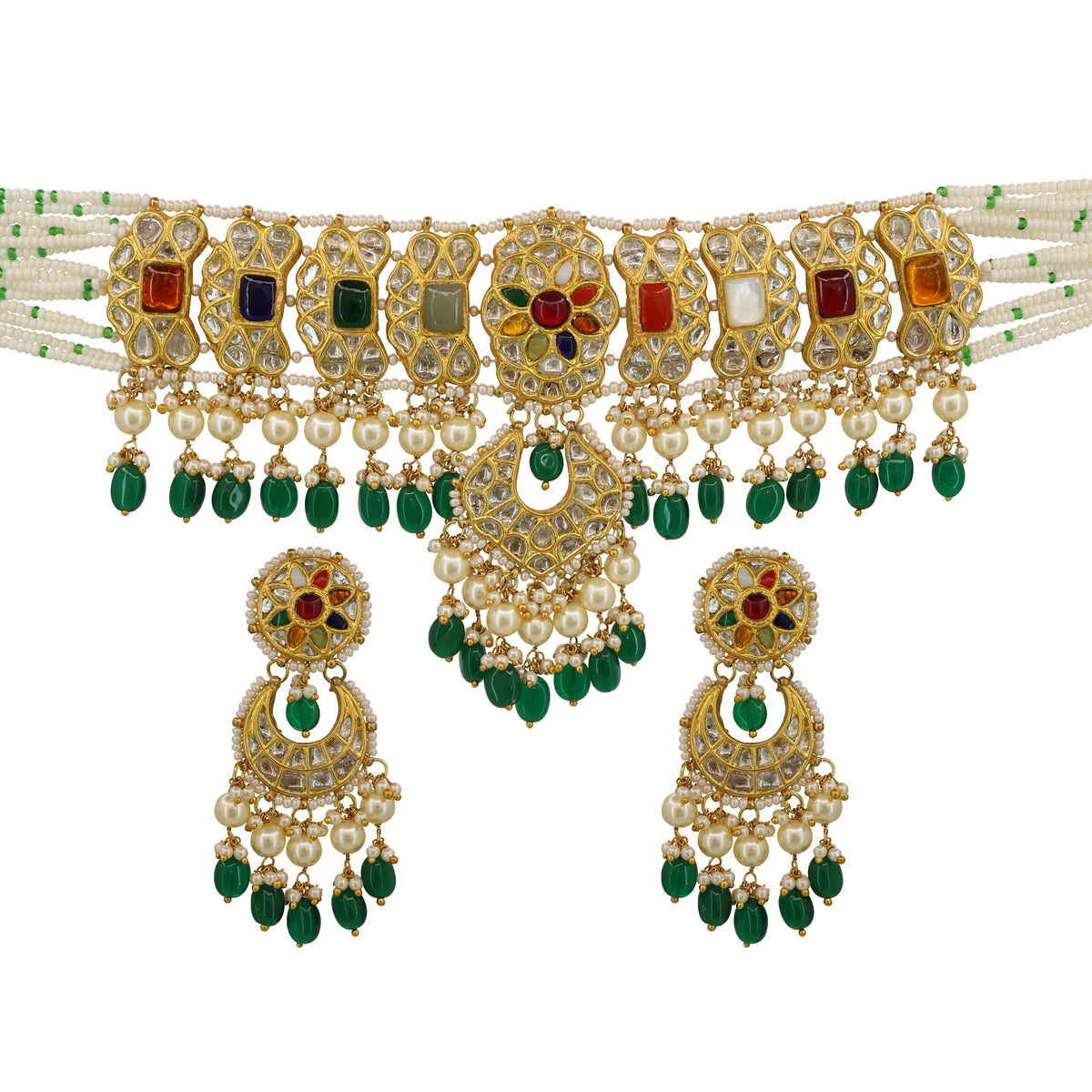 Gold Navratna Polki Choker Necklace Set with Chandbali Earrings