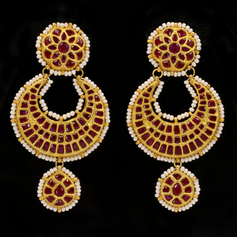 Gold Studded Glass Filled Ruby & Stringed Pearl Bead Earrings