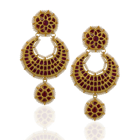 Gold Studded Glass Filled Ruby & Stringed Pearl Bead Earrings
