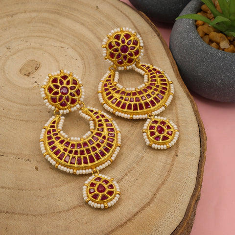 Gold Studded Glass Filled Ruby & Stringed Pearl Bead Earrings