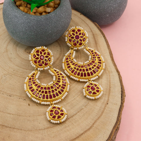 Gold Studded Glass Filled Ruby & Stringed Pearl Bead Earrings