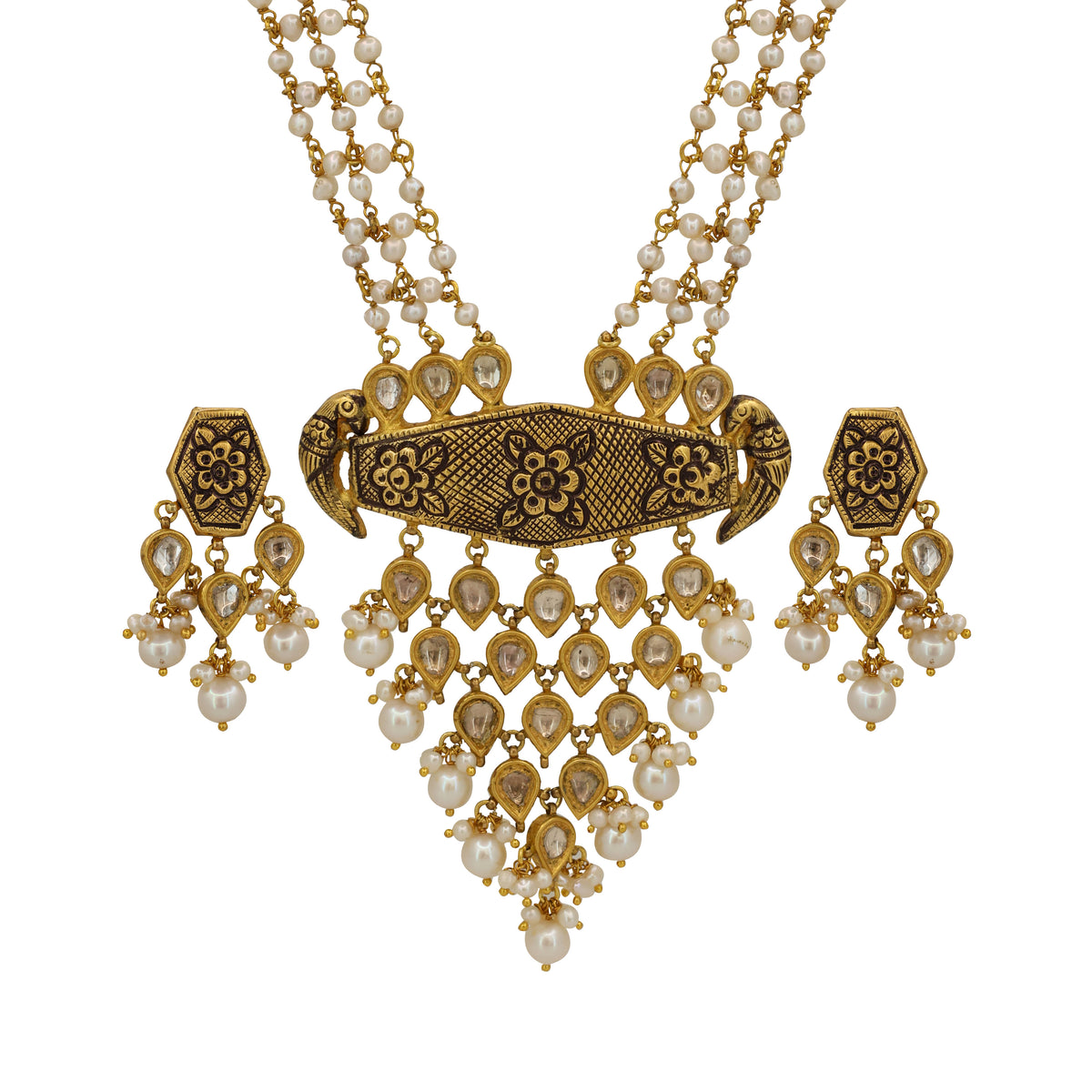 Natural Syndicate Polki Diamond & Pearl Stringed Pendant Set