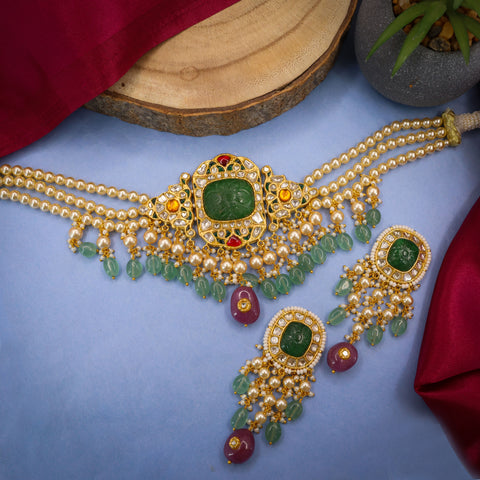 Handcrafted Polki & Carved Emerald Choker Set