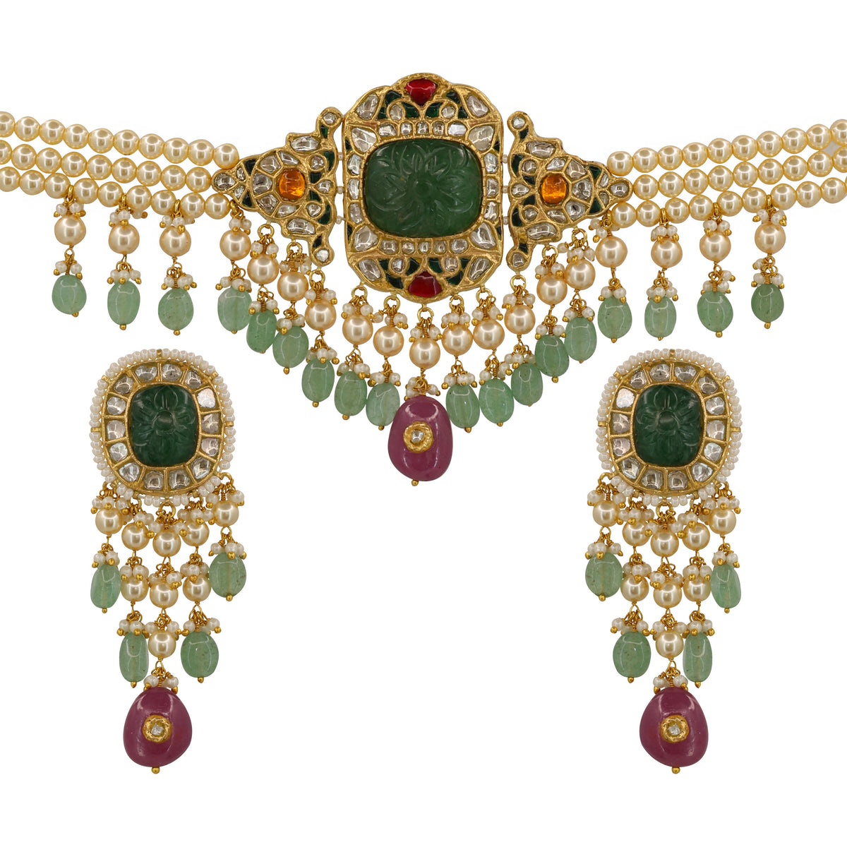 Handcrafted Polki & Carved Emerald Choker Set