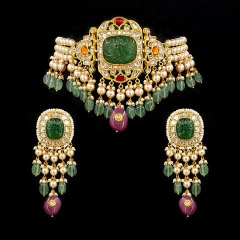 Handcrafted Polki & Carved Emerald Choker Set