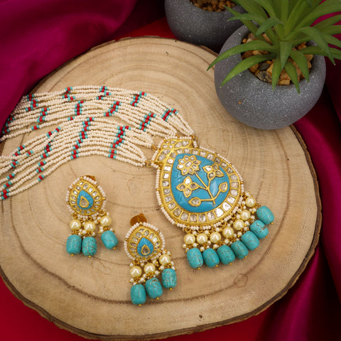 Turquoise & Polki Diamond Pendant Set