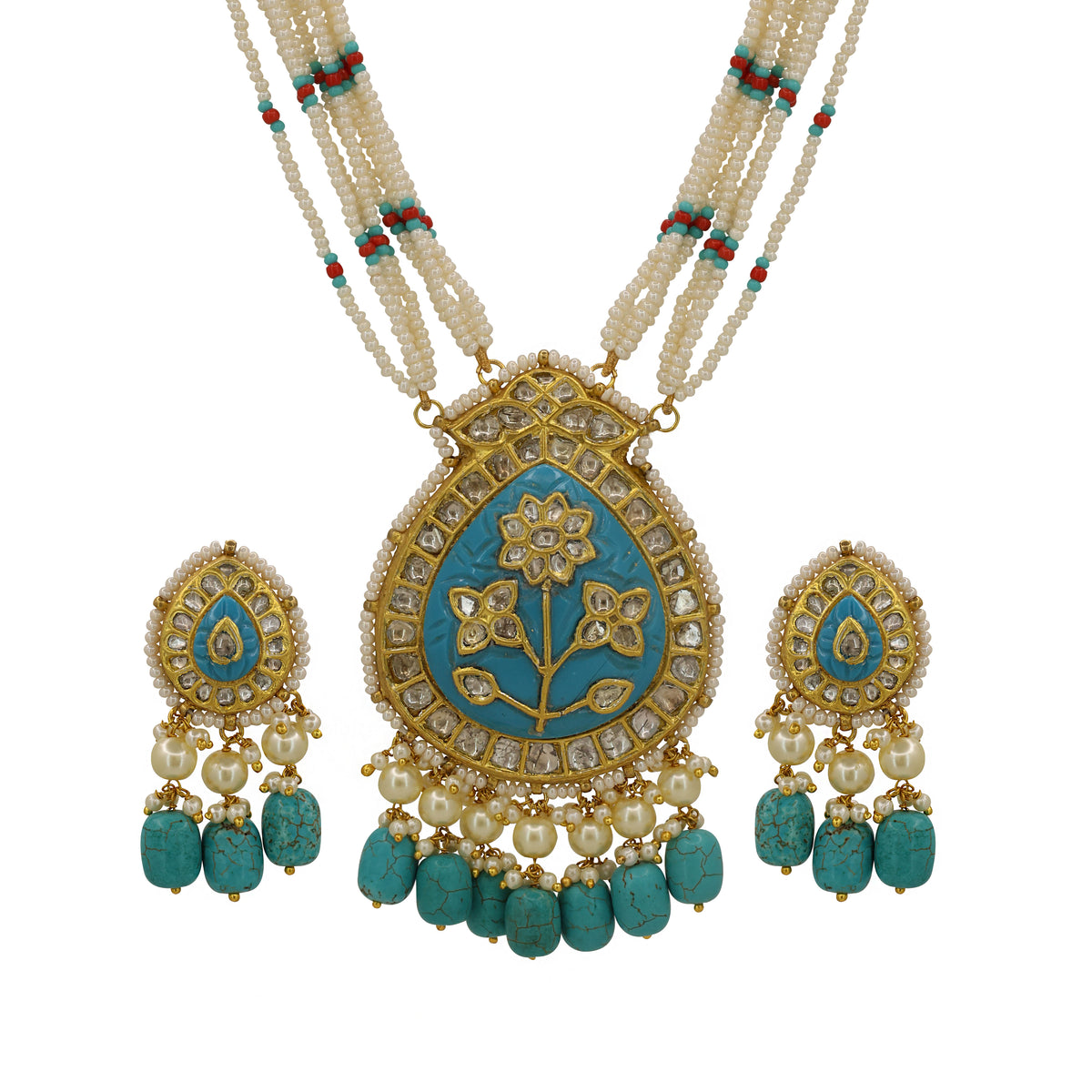 Turquoise & Polki Diamond Pendant Set