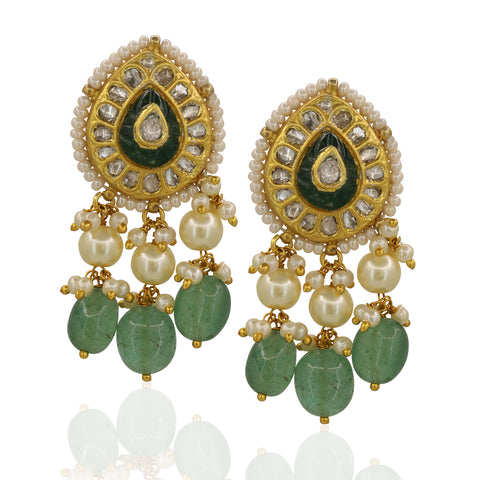 Emerald Elegance: Syndicate Polki Diamond & Pearl Pendant Set