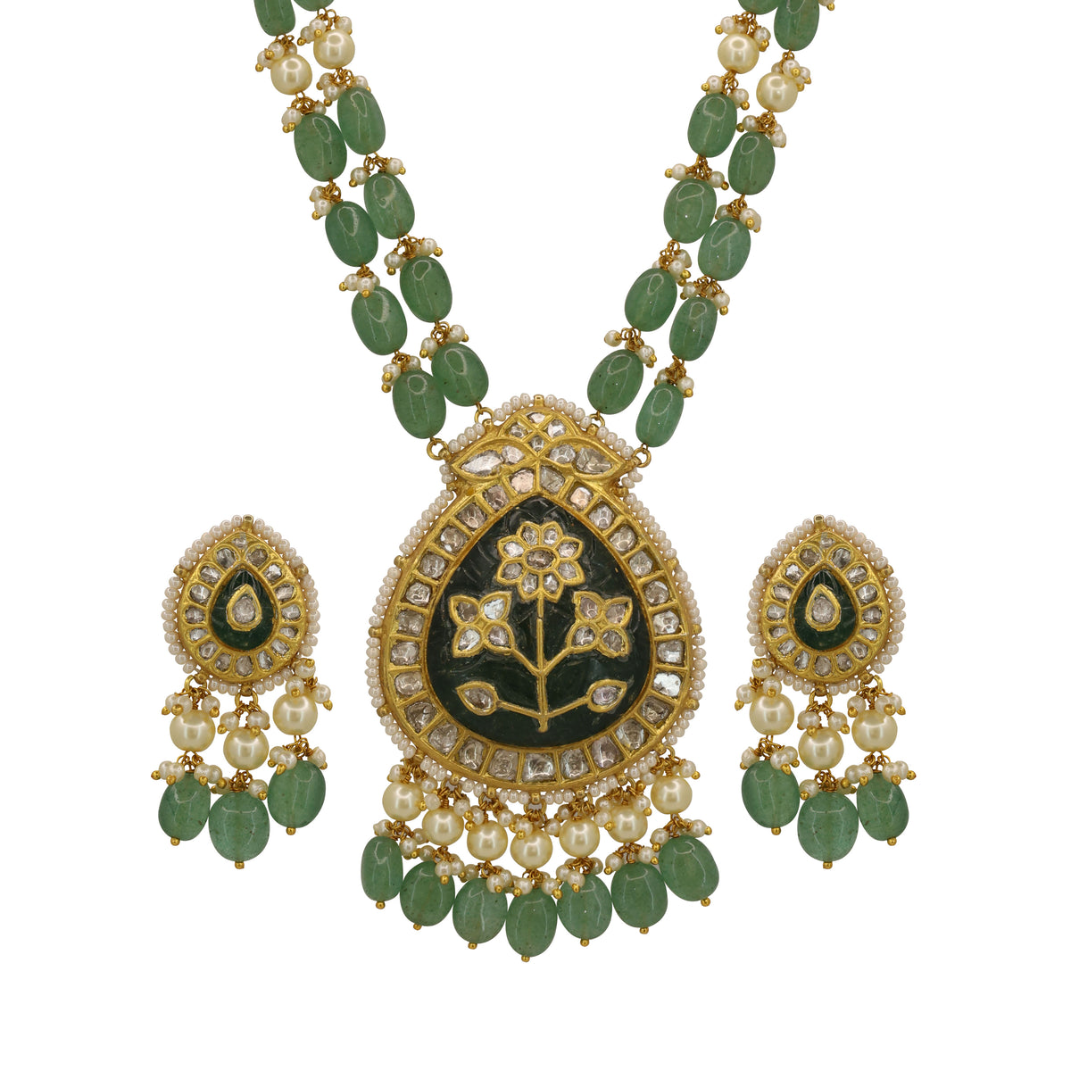 Emerald Elegance: Syndicate Polki Diamond & Pearl Pendant Set