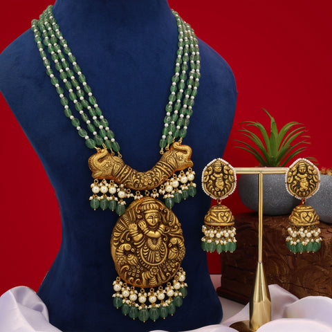 Gold Krishna Pendant Necklace Set with Green Strawberry Beads & Pearls