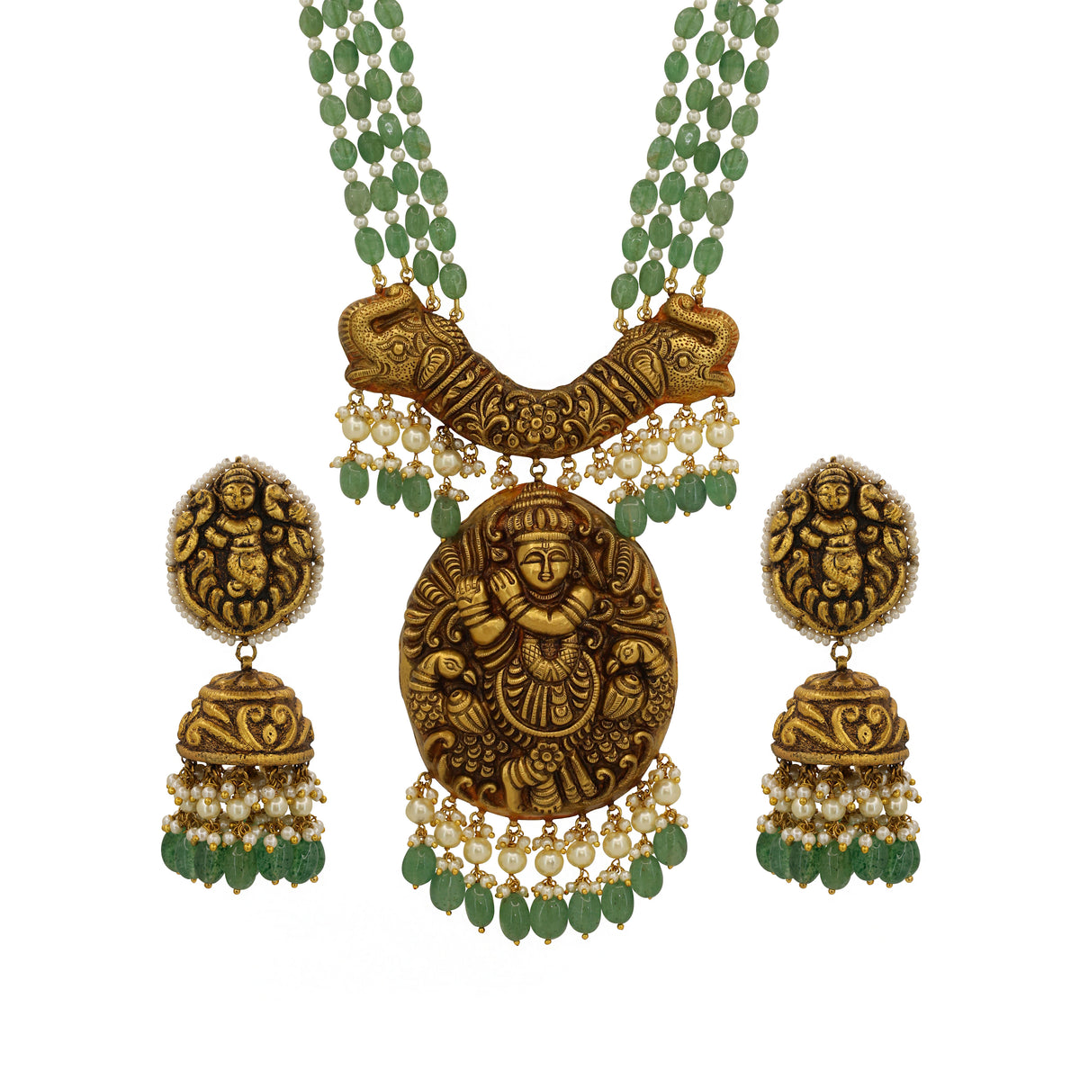 Gold Krishna Pendant Necklace Set with Green Strawberry Beads & Pearls