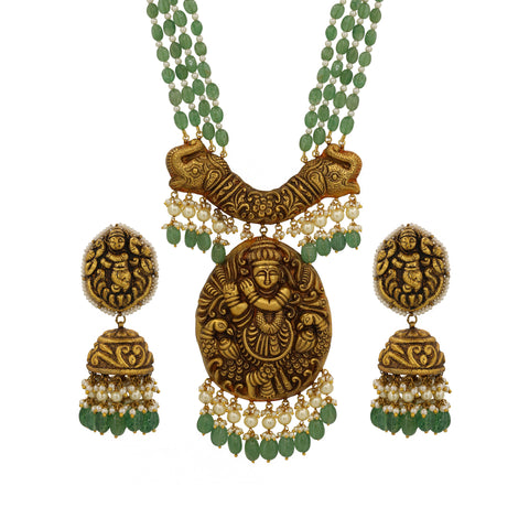 Gold Krishna Pendant Necklace Set with Green Strawberry Beads & Pearls