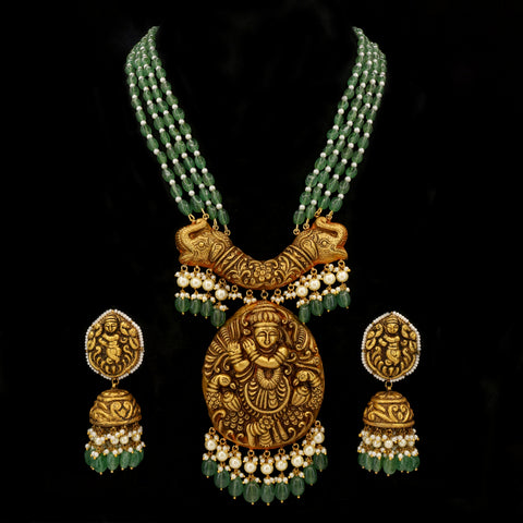Gold Krishna Pendant Necklace Set with Green Strawberry Beads & Pearls