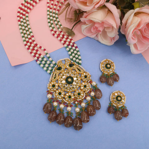 Natural Syndicate Polki Diamond & Emerald Glass Filling Necklace Set | Handcrafted Pearl String Rani Haar with Ruby & Emerald Accents