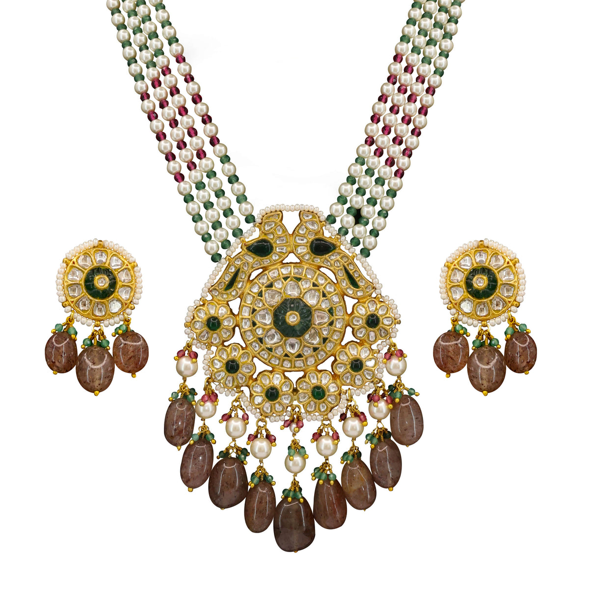 Natural Syndicate Polki Diamond & Emerald Glass Filling Necklace Set | Handcrafted Pearl String Rani Haar with Ruby & Emerald Accents