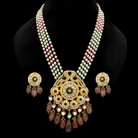 Natural Syndicate Polki Diamond & Emerald Glass Filling Necklace Set | Handcrafted Pearl String Rani Haar with Ruby & Emerald Accents